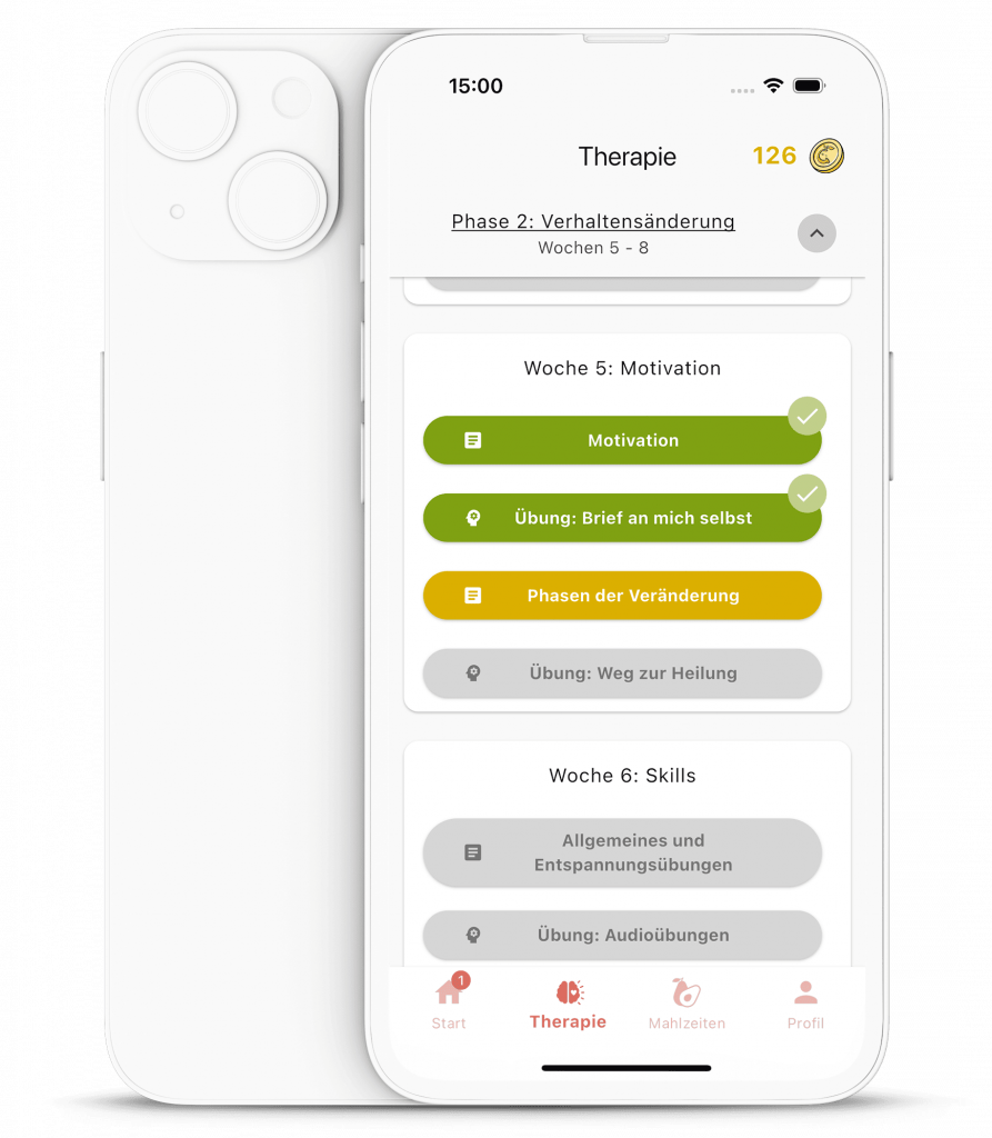 Smartphone-Screenshot des Therapiebereichs in der eatappie-App mit aufeinander aufbauenden Wochenmodulen und Übungen zu Motivation, Verhaltensänderung und Skills.